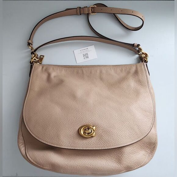 Coach Polished Pebble Leather Shoulder Bag Neutral/Tan HOBO - Picture 1 of 12